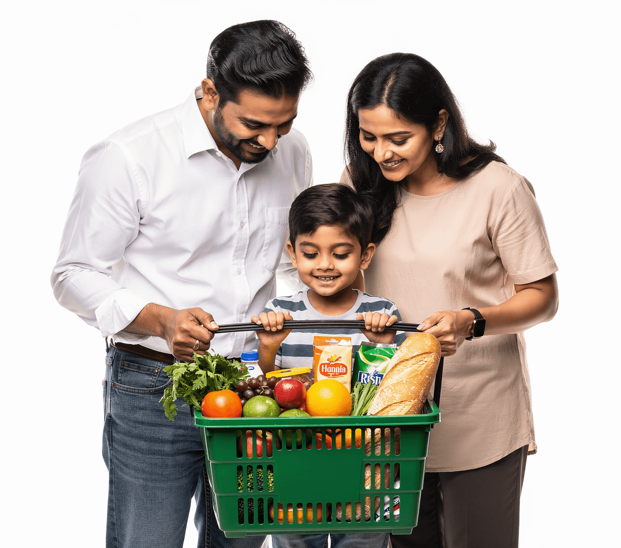 Happy family shopping fresh groceries together